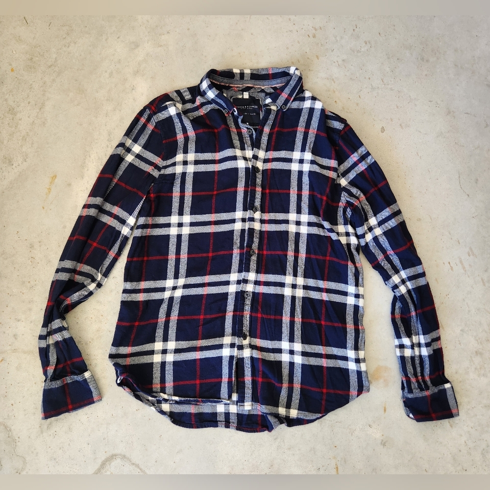 Denim & Flower Tartan Flannel Casual Button Up Shirt Mens Size L blue red